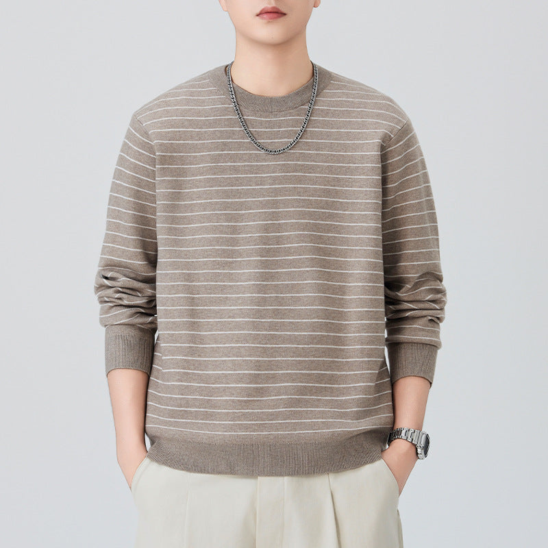 Men's fine-knit sweater with subtle horizontal stripes and ribbed finishes