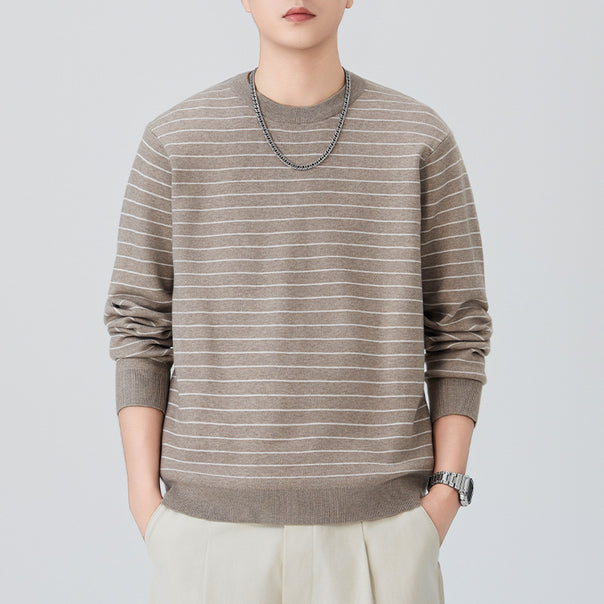 Men's fine-knit sweater with subtle horizontal stripes and ribbed finishes