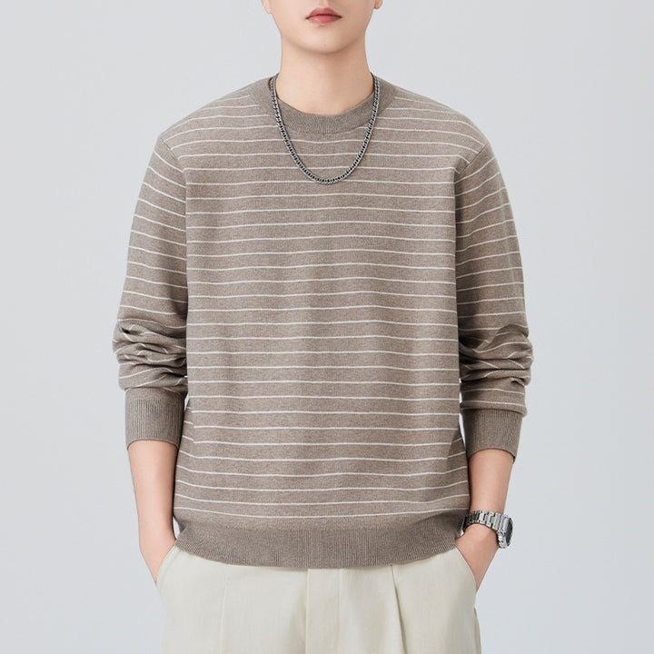 Men's fine-knit sweater with subtle horizontal stripes and ribbed finishes