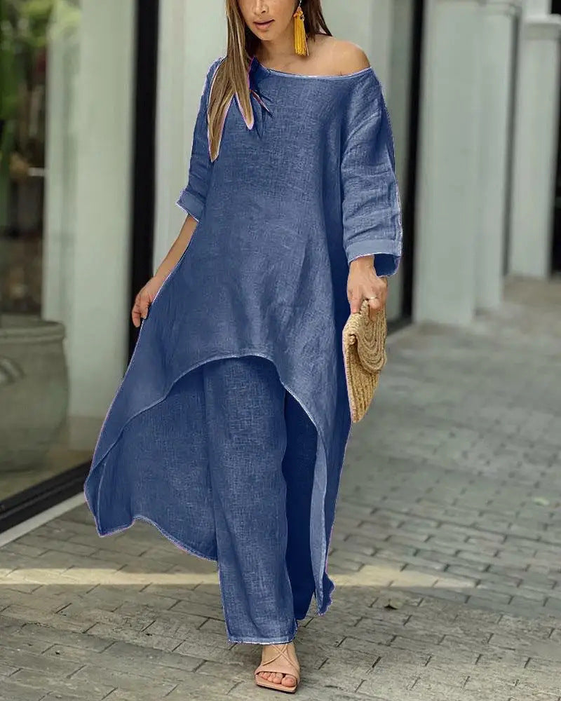 Women's oversized linen two-piece set with asymmetrical tunic and loose Marlene pants Mune Fashion