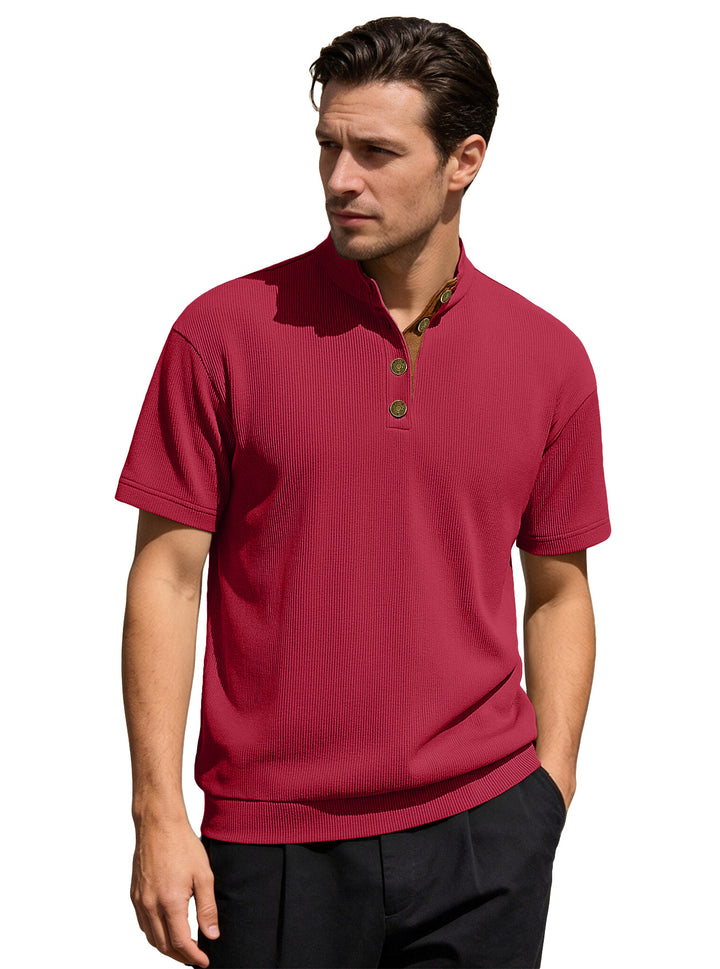 Men's Waffle Structure Short Sleeve Henley with Stand-Up Collar and Decorative Button Placket Mune Fashion