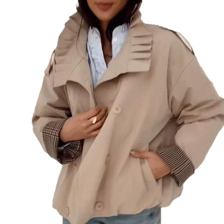 Women's Short Cut Boxy Utility Jacket with Pleated Collar and Check Inner Cuffs Mune Fashion