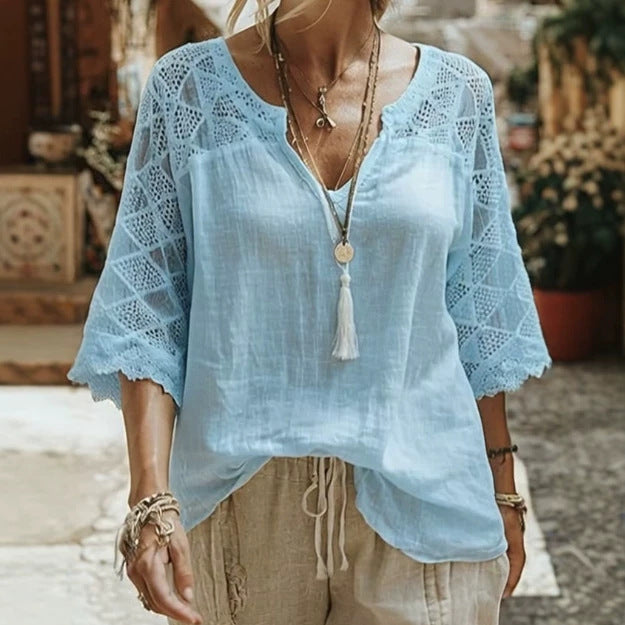 Women's locker-cut tunic with V-neck, crocheted yoke and elbow-length lace sleeves Mune Fashion