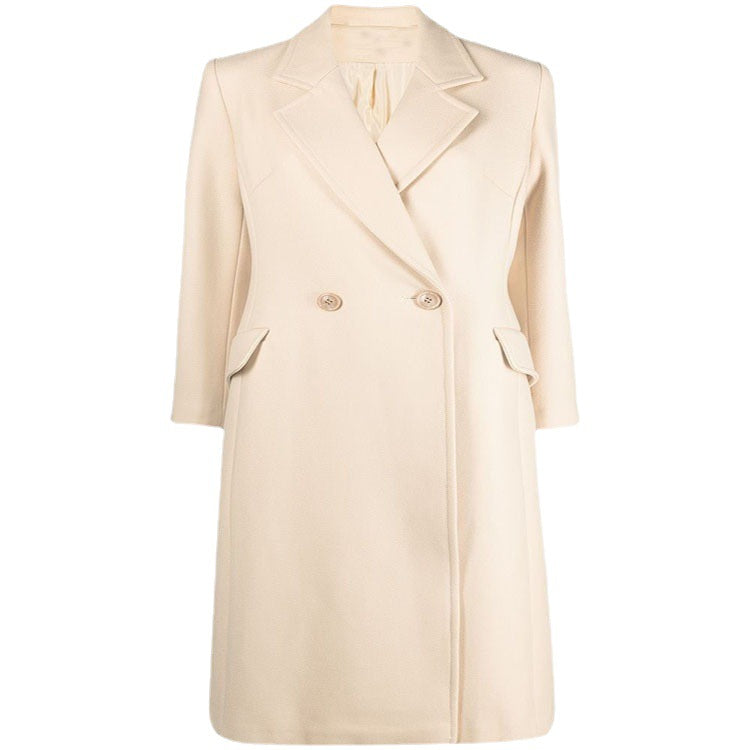 Women's Midi-Length Tailoring Coat Made of Wool Blend with Narrow Lapel and Flattering Fall Mune Fashion