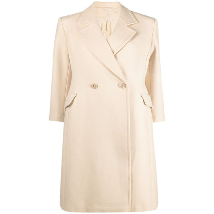 Women's Midi-Length Tailoring Coat Made of Wool Blend with Narrow Lapel and Flattering Fall Mune Fashion