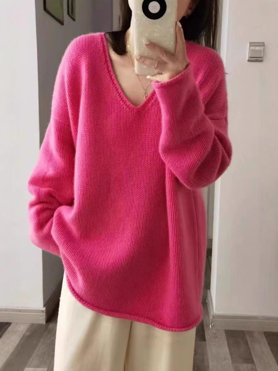 Ladies Oversize V-neck Pullover in Mohair look with drop shoulder and rounded hem Mune Fashion