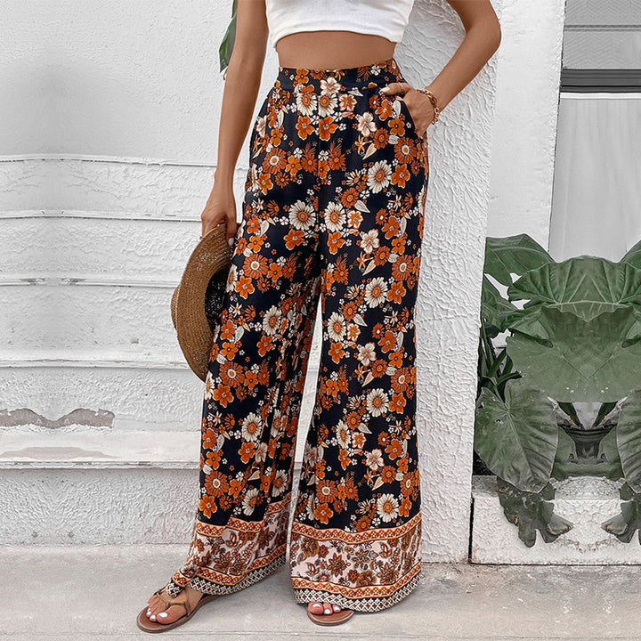 Women's High-Waisted Wide Palazzo Pants with Floral Allover Print and Side Pockets Mune Fashion