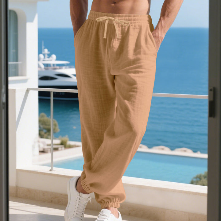 Men's lightweight linen-cotton lounge pants with elastic drawstring, side pockets, and elastic hems Mune Fashion