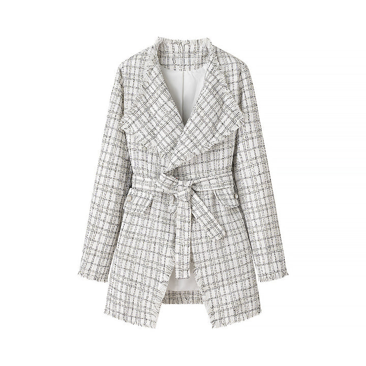 Women's Tailored Boucle Short Coat with Shawl Collar and Tie Belt Mune Fashion