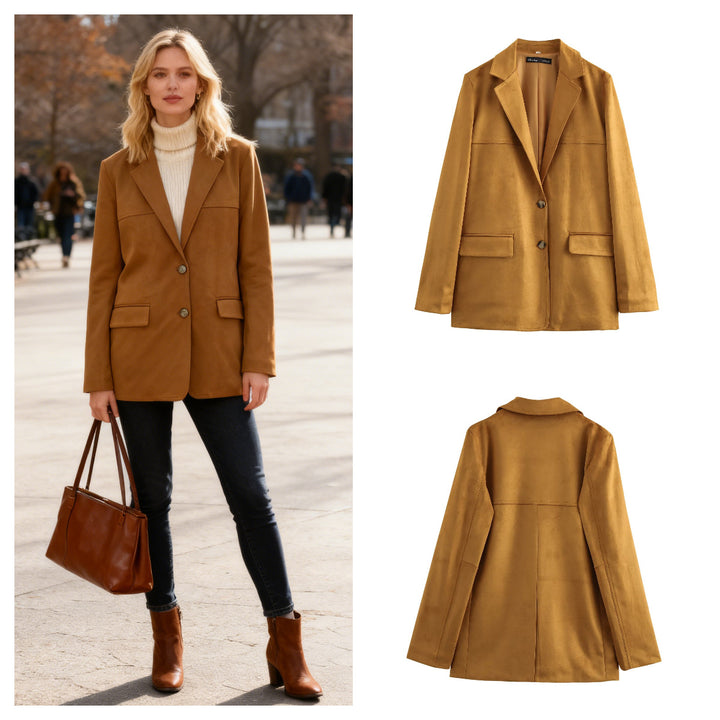 Women's Long Cut Suede Look Blazer with Notch Collar and Flap Pockets Mune Fashion