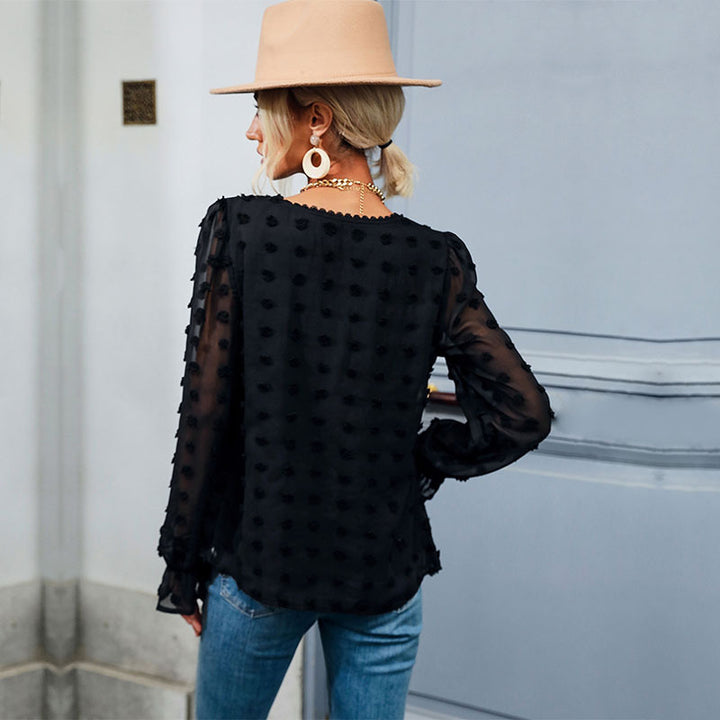 Women's Transparent Chiffon Blouse with V-Neck, Raised Dots Texture and Babydoll Silhouette Mune Fashion