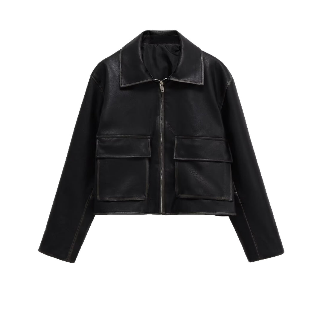 Women's Short Cut Faux Leather Jacket with Large Flap Pockets and Zipper Mune Fashion