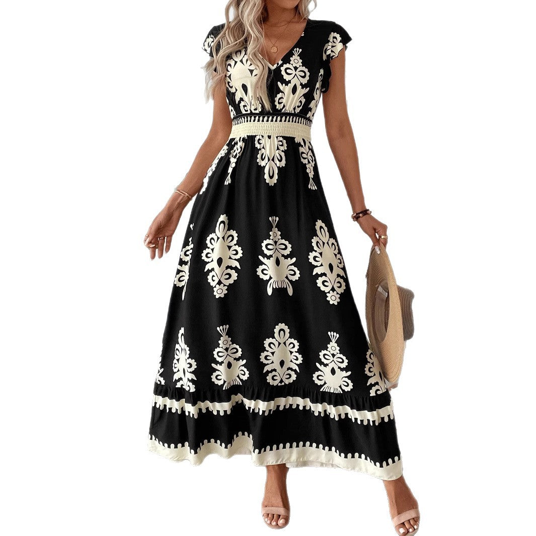 Women’s Boho Long Dress with V-neck, fitted stretch waistband and contrasting ornament print Mune Fashion