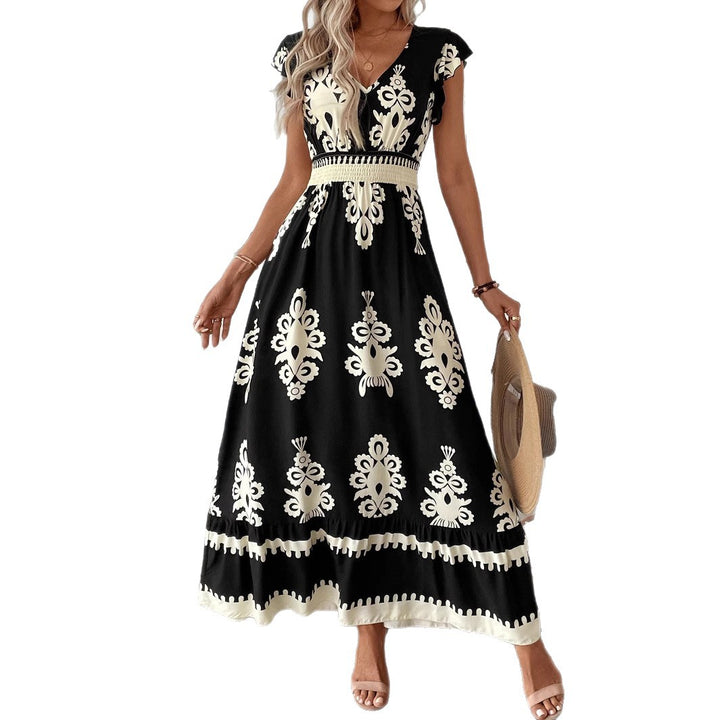 Women’s Boho Long Dress with V-neck, fitted stretch waistband and contrasting ornament print Mune Fashion