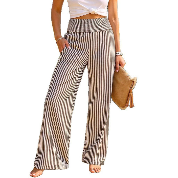 Women's Striped Palazzo Pants with High Ruffled Waist and Wide Leg Mune Fashion
