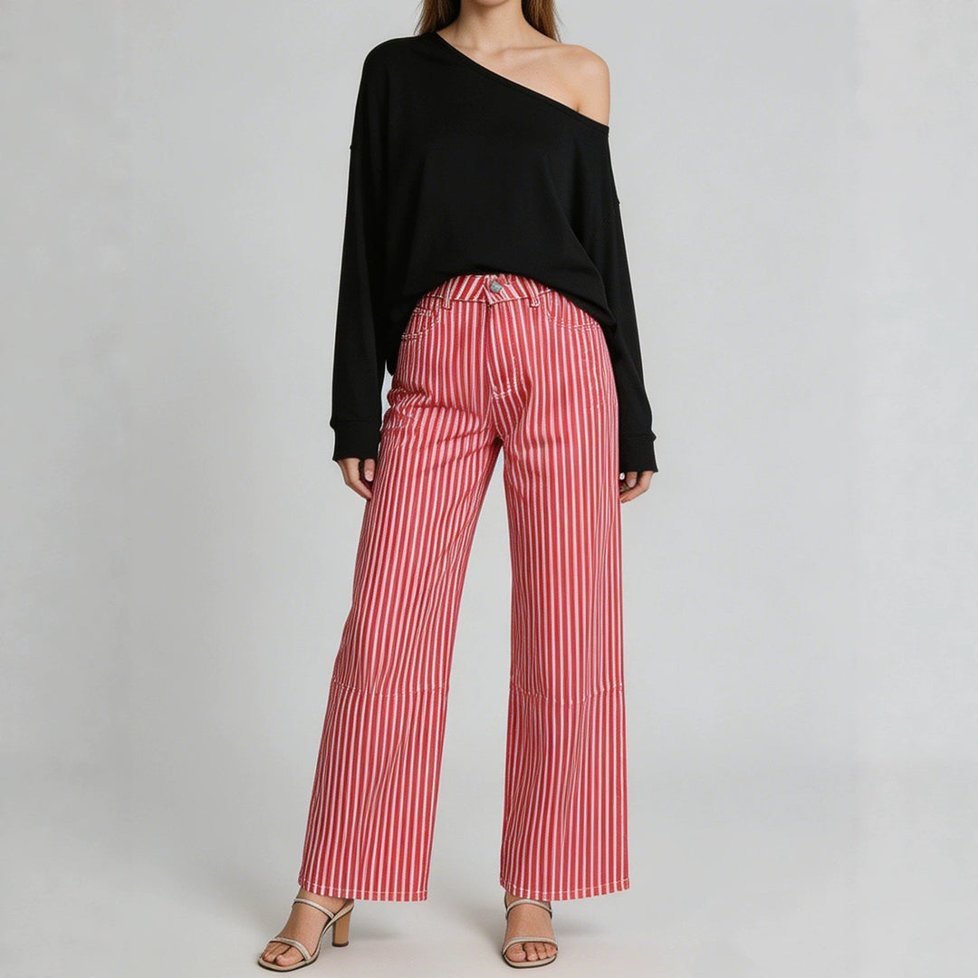 Ladies wide High-Waist Palazzo pants with vertical stripe design and quilted knee areas Mune Fashion