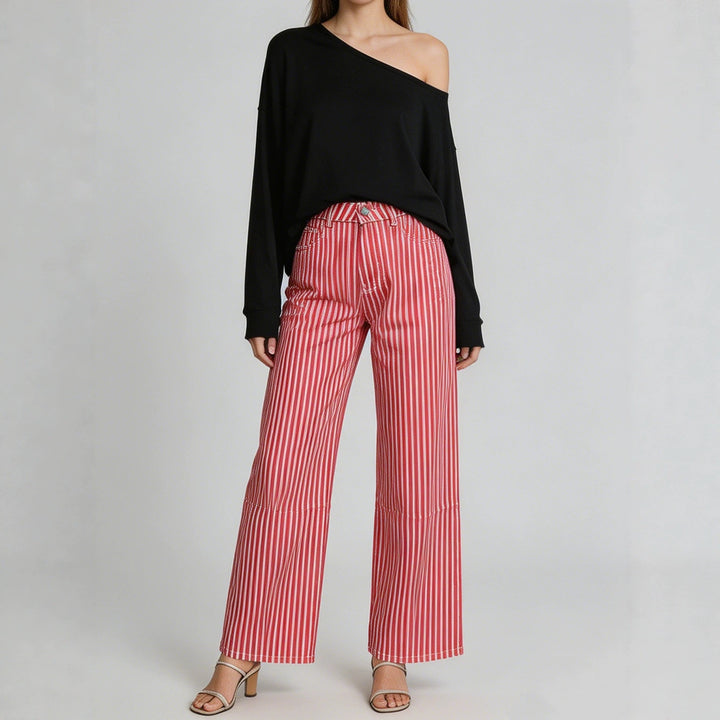 Ladies wide High-Waist Palazzo pants with vertical stripe design and quilted knee areas Mune Fashion