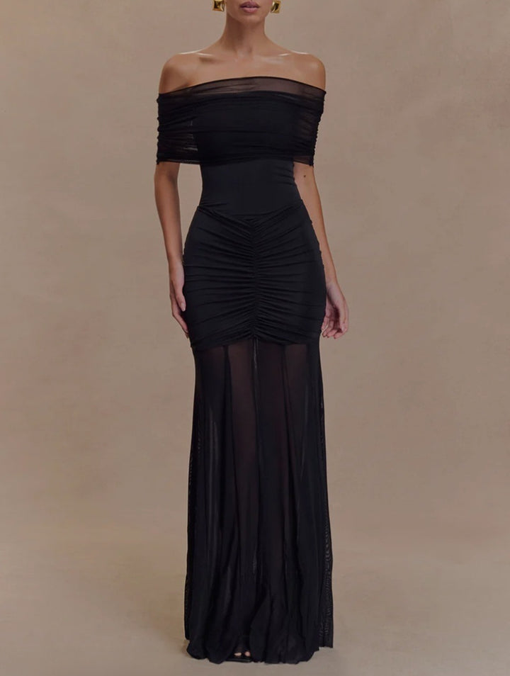 Women's off-the-shoulder evening dress with figure-hugging jersey underdress and sheer chiffon overlay Mune Fashion
