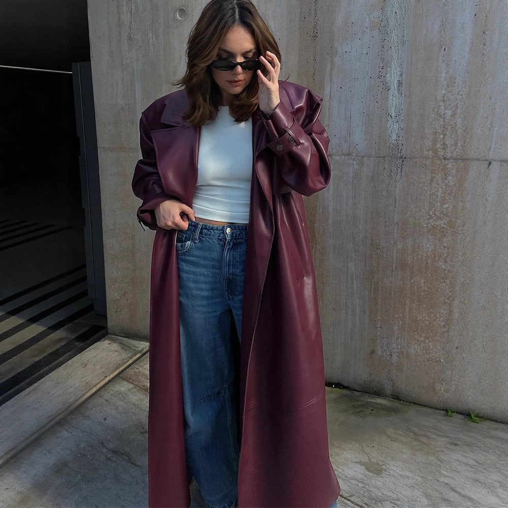 Ladies Maxi Long Oversized Coat in Leather Look with Distinctive Shoulders Mune Fashion