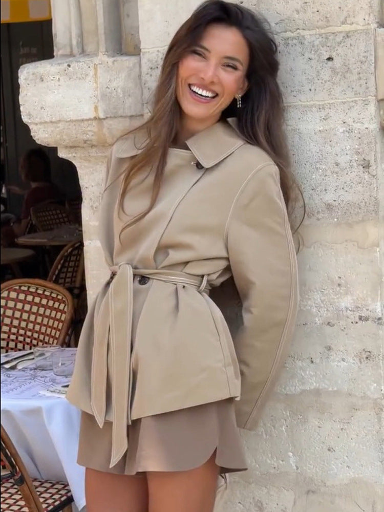Women Tailored Short Jacket with Belt and Dropped Sleeves Mune Fashion