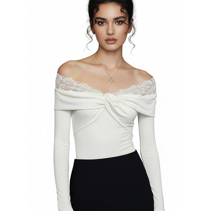 Women's figure-hugging long sleeve bodysuit with off-the-shoulder neckline, lace trim, and knot front detail