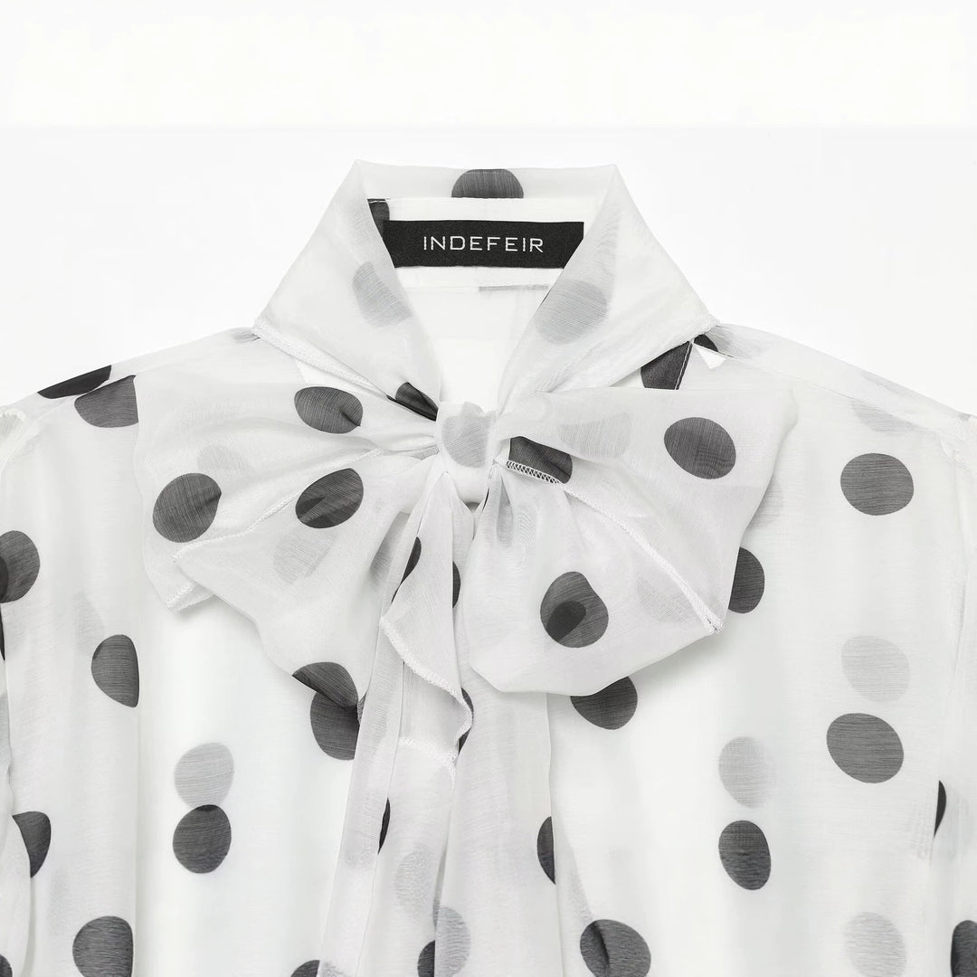 Women's Lightweight Chiffon Blouse with Ruffles, Bow Collar and Polka Dot Print Drune