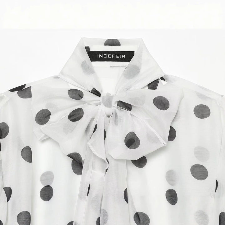 Women's Lightweight Chiffon Blouse with Ruffles, Bow Collar and Polka Dot Print Drune