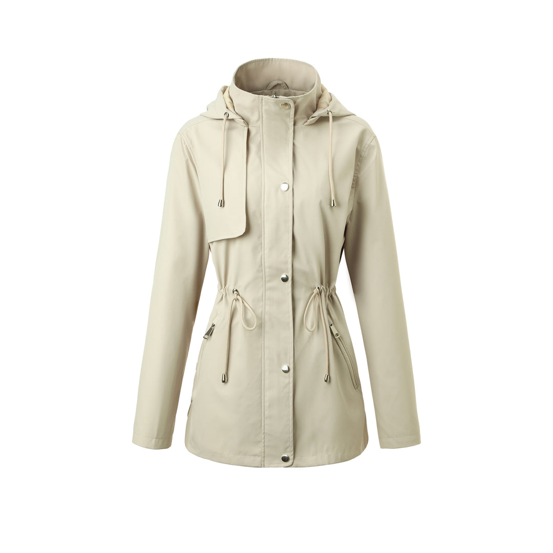 Women Lightweight Hooded Parka with Drawstring Waist and Concealed Snap Placket Mune Fashion