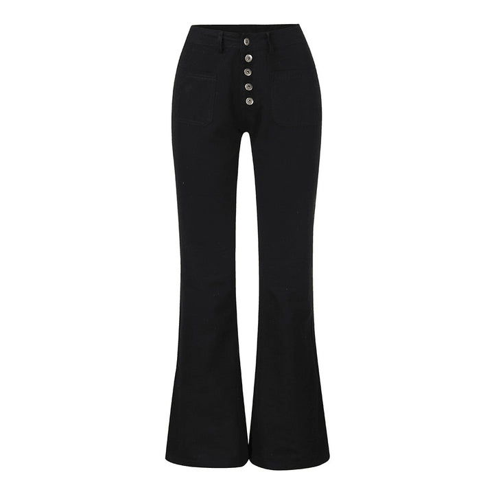 Women nan High-Waist Flared Trousers with visible button placket and applied front pockets Mune Fashion