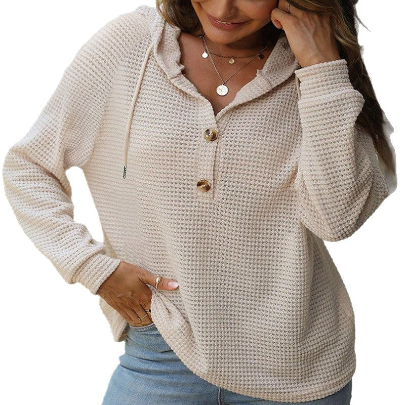 Women's Waffle Knit Hoodie with Half Button Placket and Hood Mune Fashion