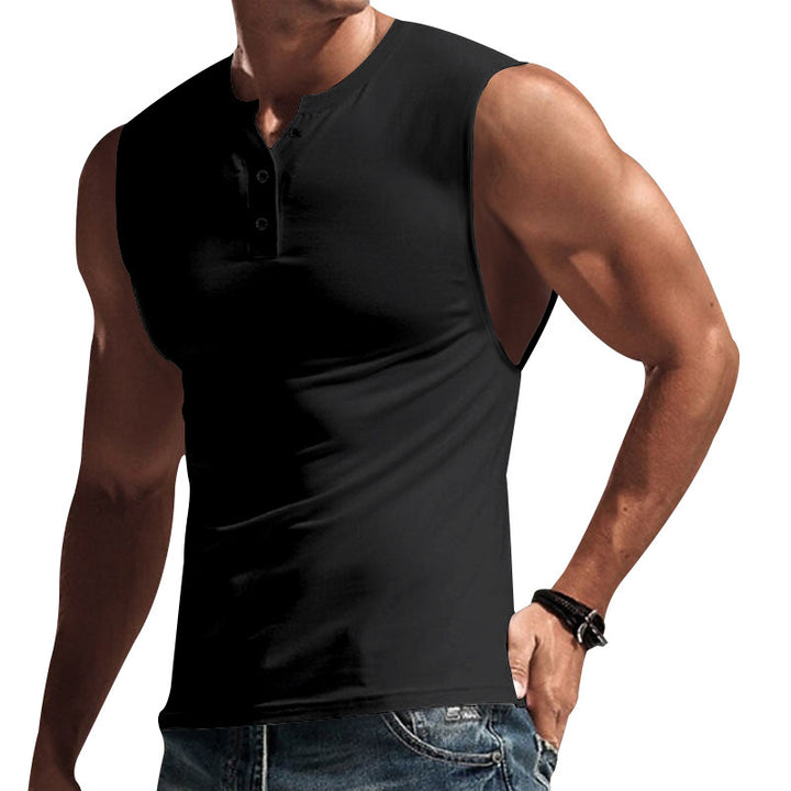 Men's sleeveless muscle shirt with Henley button placket, deep armhole, and elastic cotton blend Mune Fashion