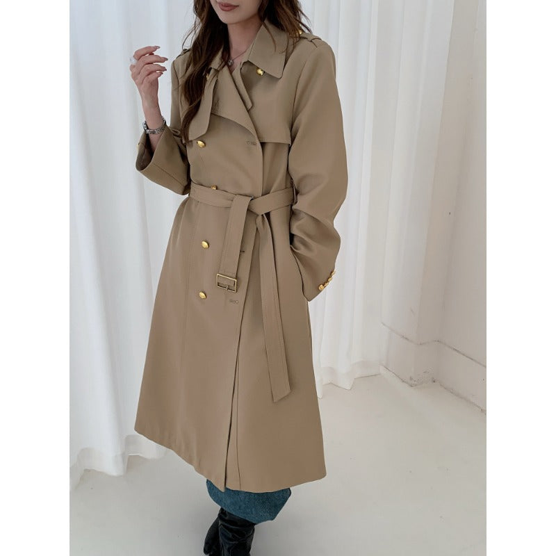 Women's Tailored Trench Coat with Tie Belt and Golden Button Details Mune Fashion