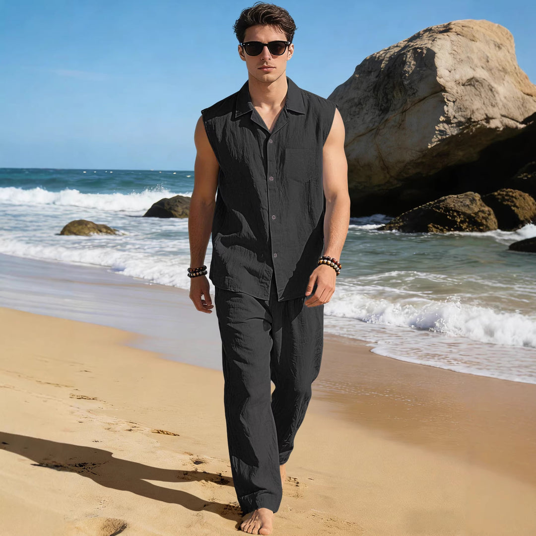 Men's sleeveless linen leisure set with lapel collar, chest pocket, and straight pants Mune Fashion