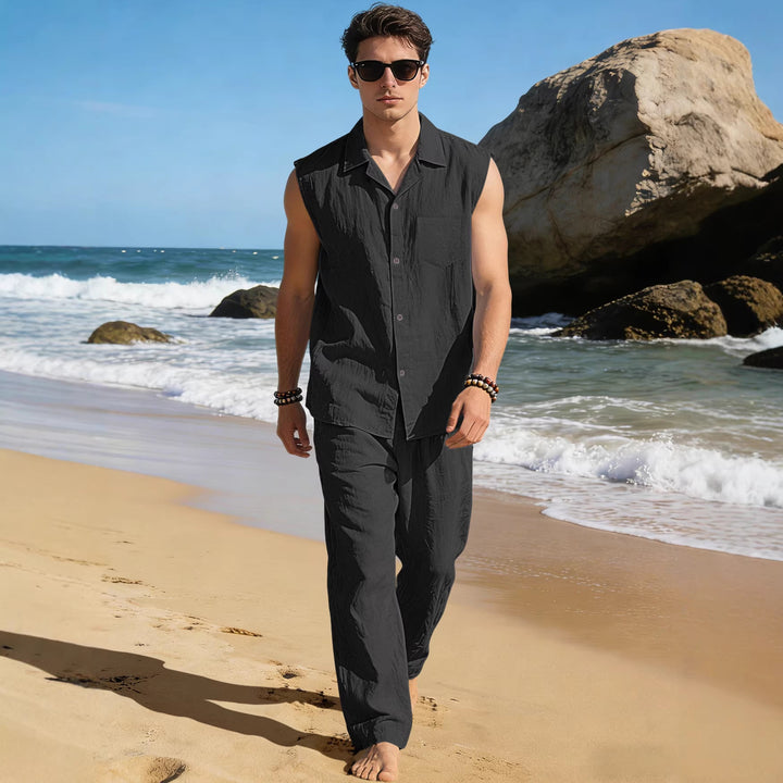 Men's sleeveless linen leisure set with lapel collar, chest pocket, and straight pants Mune Fashion