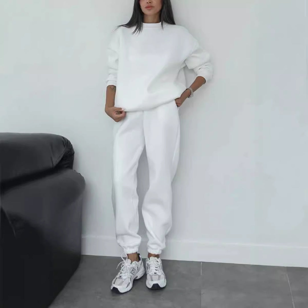 Women's minimalist cozy set made of heavy French terry with wide crew neck sweater and straight joggers Mune Fashion