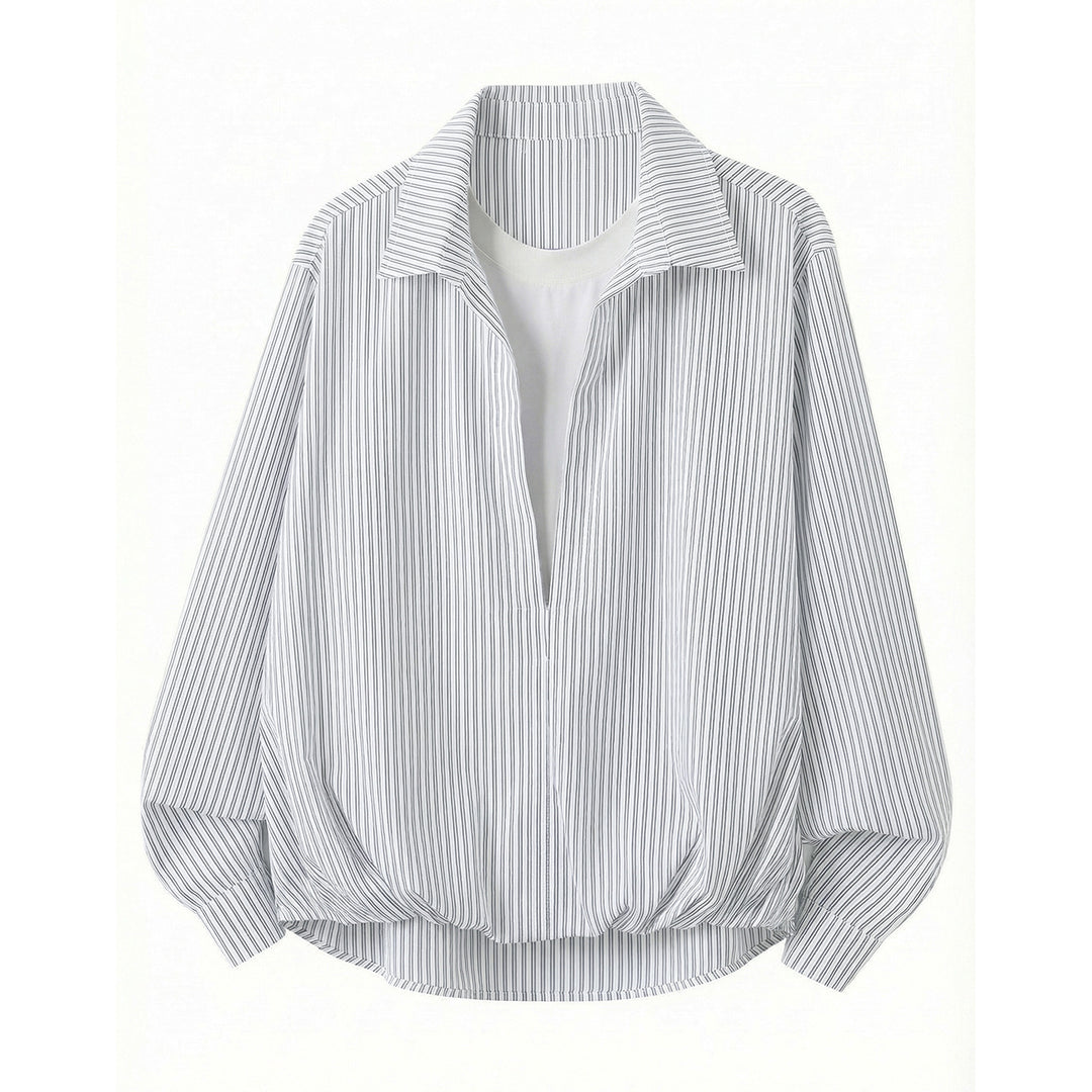 Women's Loose Striped Shirt Blouse with Deep V-Neck and Ruched Hem Mune Fashion