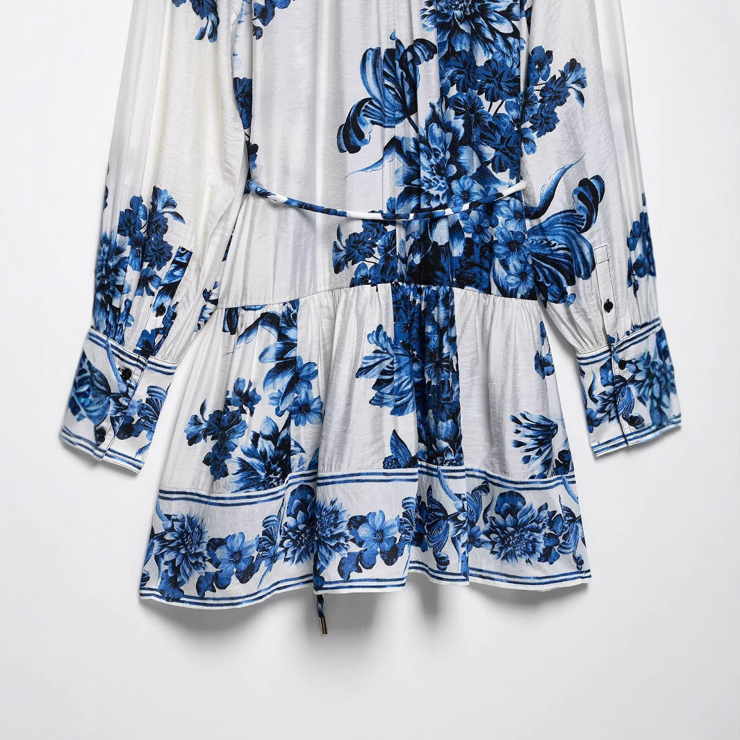 Women's midi dress with stand-up collar, full button placket and waist drawstring Mune Fashion