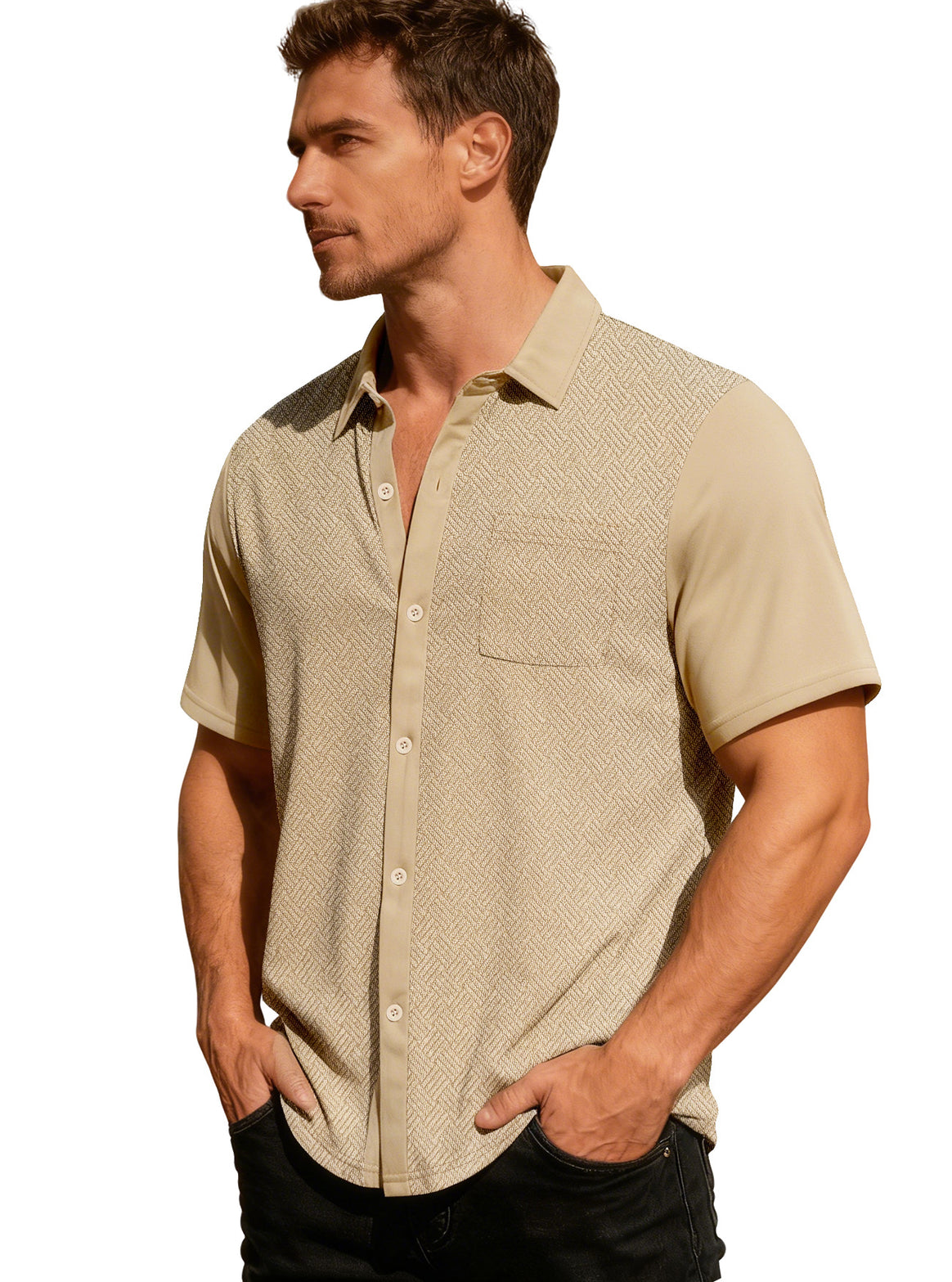 Men's leisure short sleeve shirt with jacquard texture, contrasted button placket and chest pocket Mune Fashion