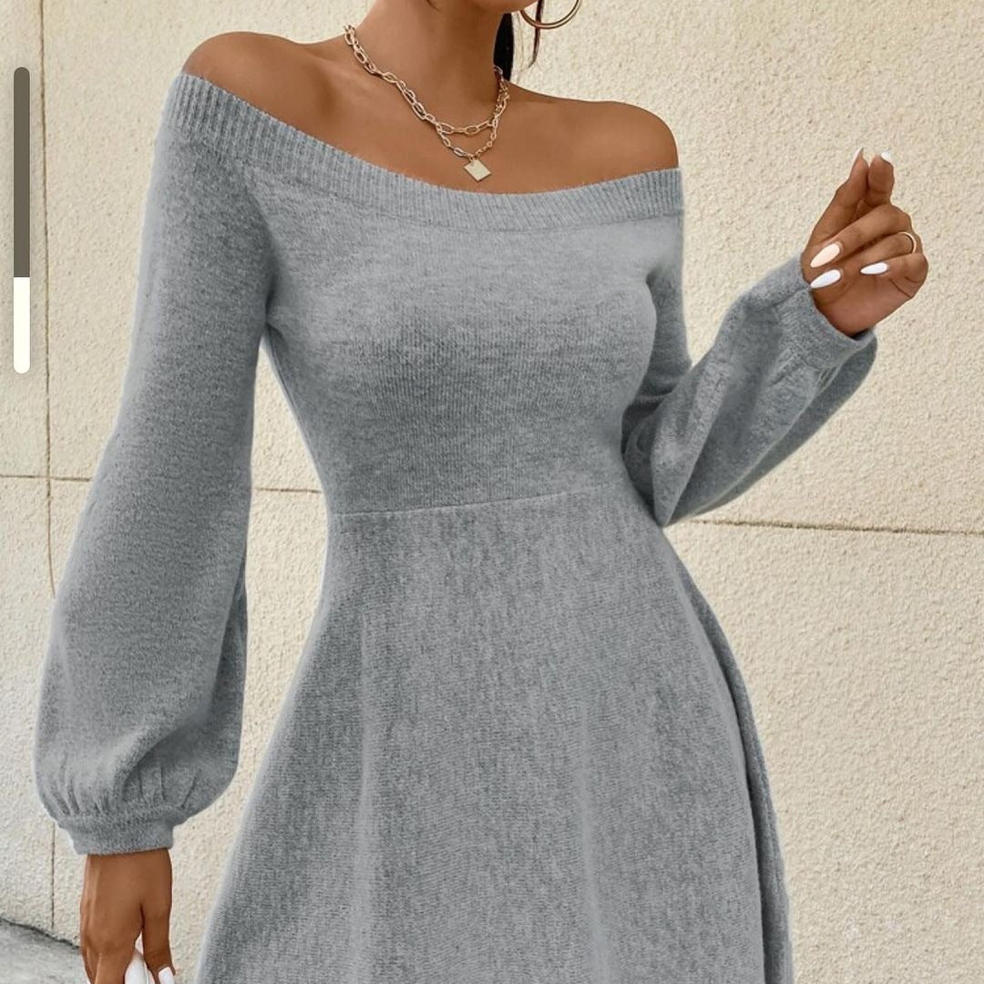 Women's Off-Shoulder Fine Knit Dress with Fitted Cut and Balloon Sleeves Mune Fashion