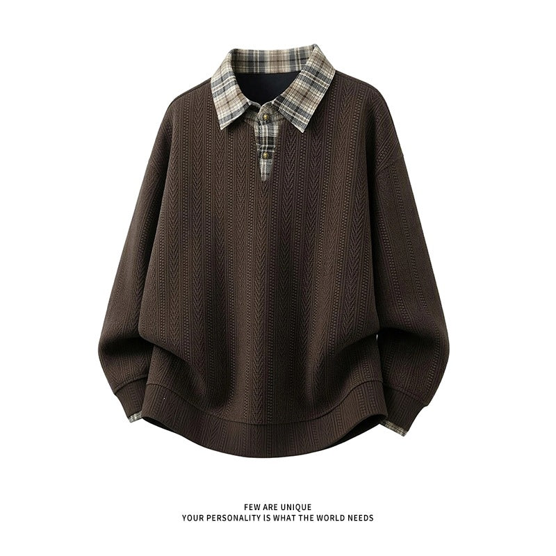 Men's layered look pullover with integrated check shirt collar Mune Fashion