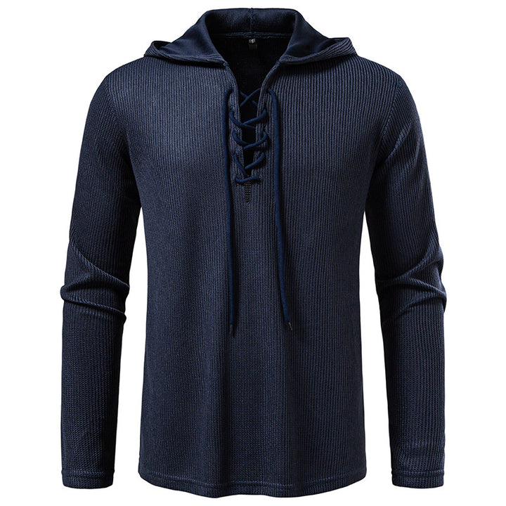 Men's waffle knit hoodie with lace-up collar and straight hem Mune Fashion