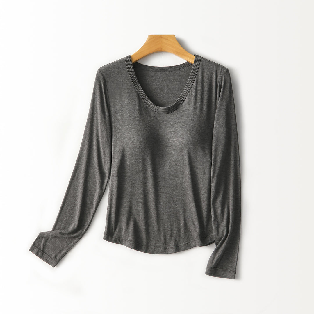 Women Figure-Flattering Long Sleeve Shirt with Deep V-Neck Mune Fashion