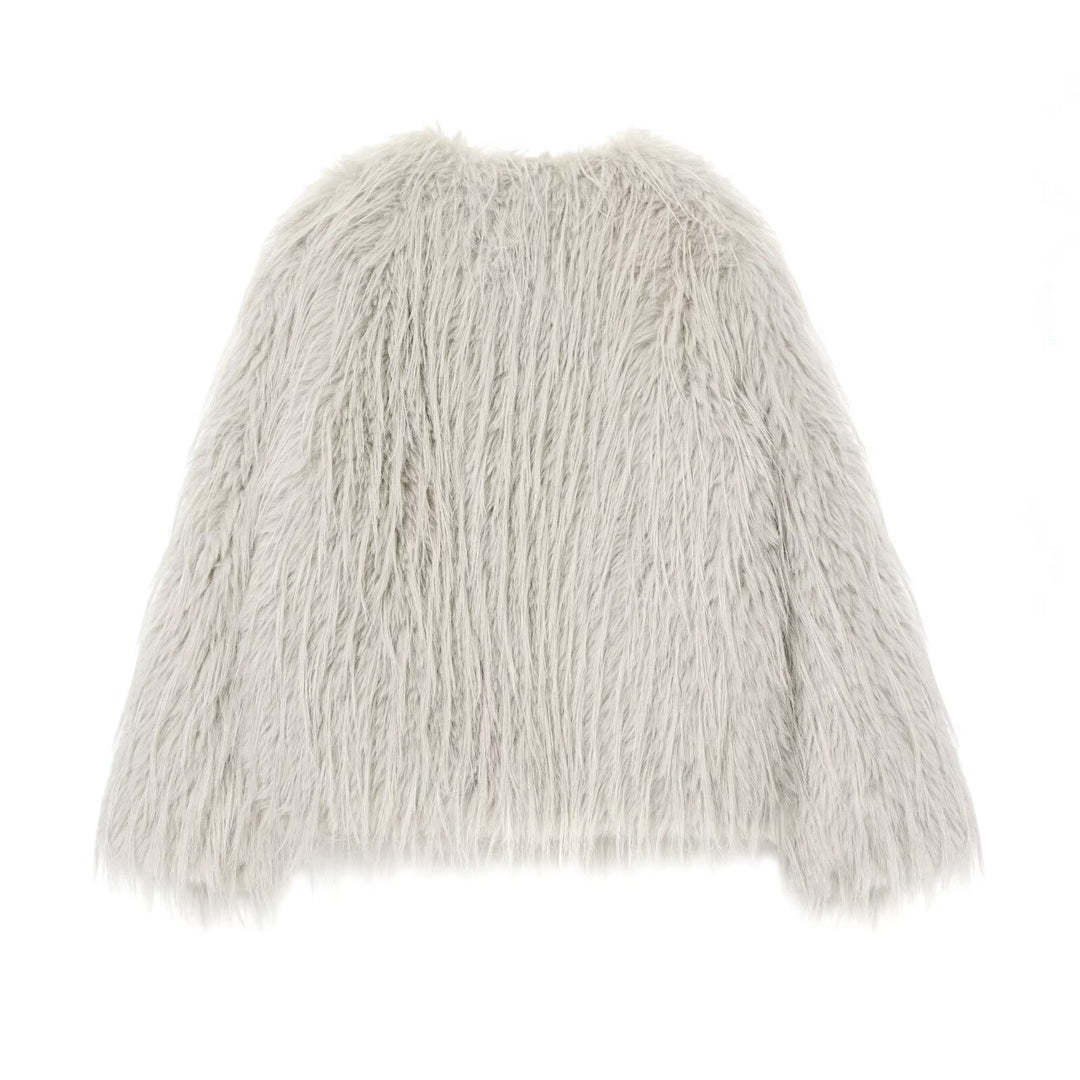 Women's Faux Fur Coat with Long Shaggy Fur and Round Neckline Mune Fashion