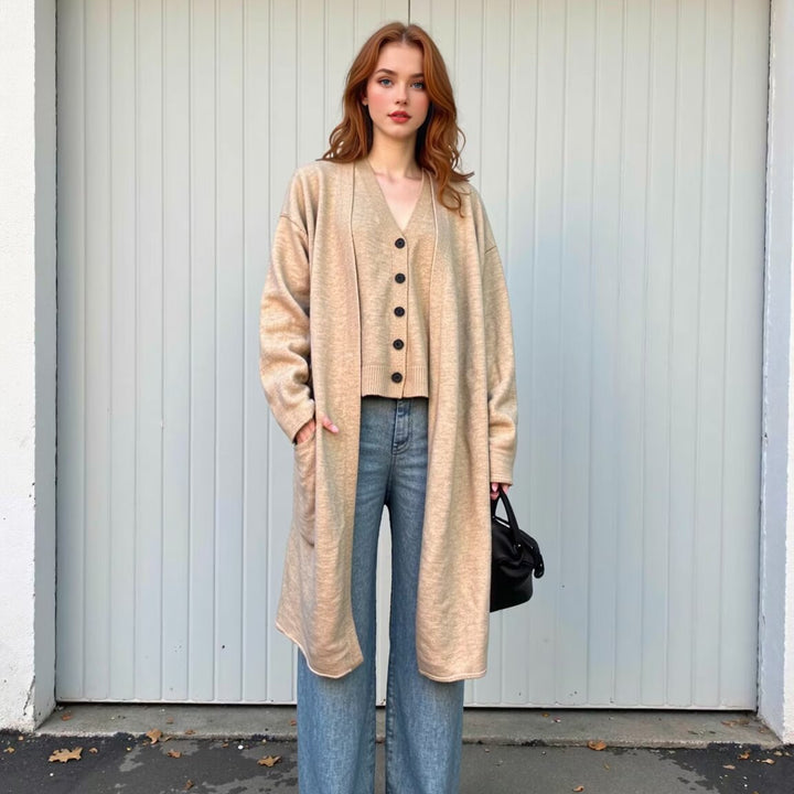 Women Oversize Knit Set with Long Cardigan, Button Vest and Loose Pants Mune Fashion