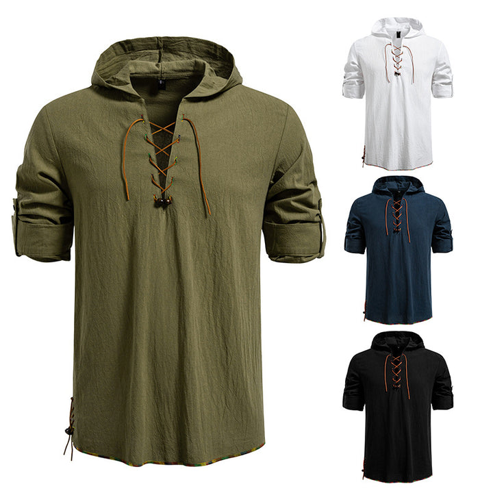 Men's Lightweight Hoodie Shirt with Decorative Lacing, Short Sleeve and Longline Cut Mune Fashion