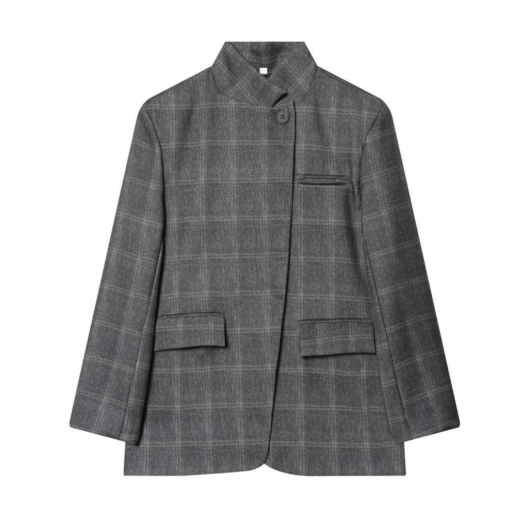 Women's Boxy Glencheck Blazer with Stand Collar and Flap Pockets Mune Fashion