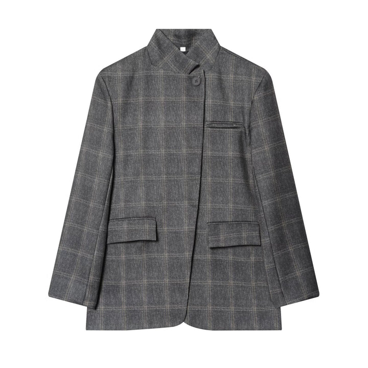 Women's Boxy Glencheck Blazer with Stand Collar and Flap Pockets Mune Fashion