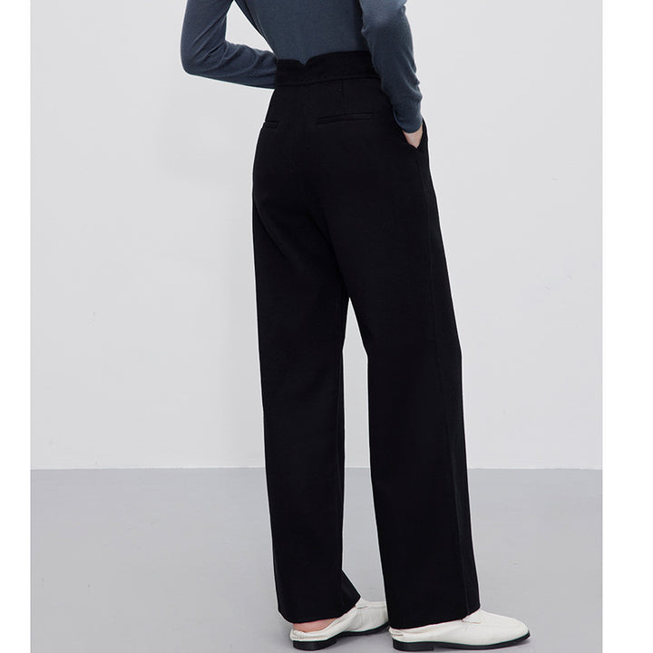 Women's High-Waisted Wool Blend Palazzo Pants with Straight Fall and Concealed Hook Closure Mune Fashion