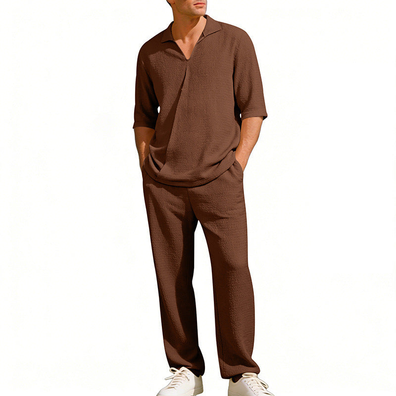 Men's crepe structure leisure set with open lapel collar and straight comfort trousers with side pockets Mune Fashion