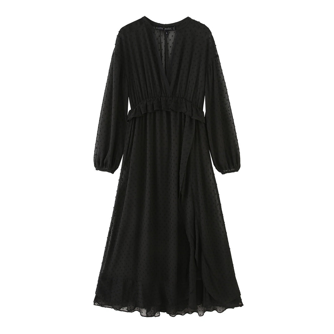 Women's airy chiffon midi dress with V-neck and ruffle waistband Mune Fashion